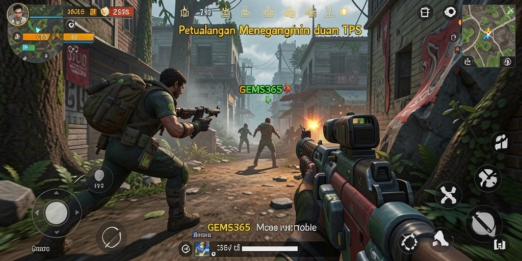 Screenshot gameplay seru dari GEMS365 menunjukkan aksi tembak-menembak yang intens.
