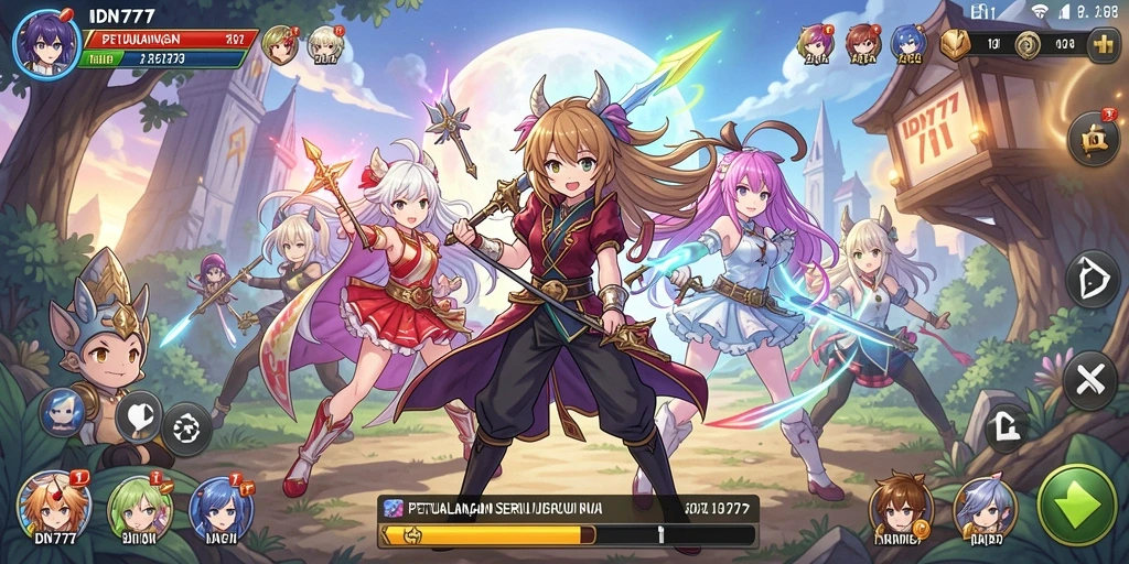 Screenshot utama IDN777 menampilkan karakter anime dalam aksi seru.
