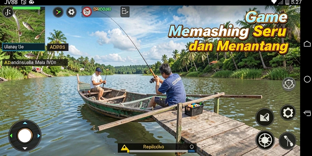 Tampilan gameplay JV88 dengan berbagai ikan yang bisa ditangkap.