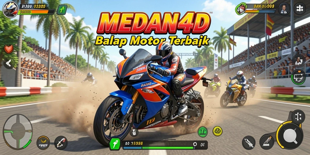 Screenshot gameplay MEDAN4D menampilkan aksi balap motor yang intens.